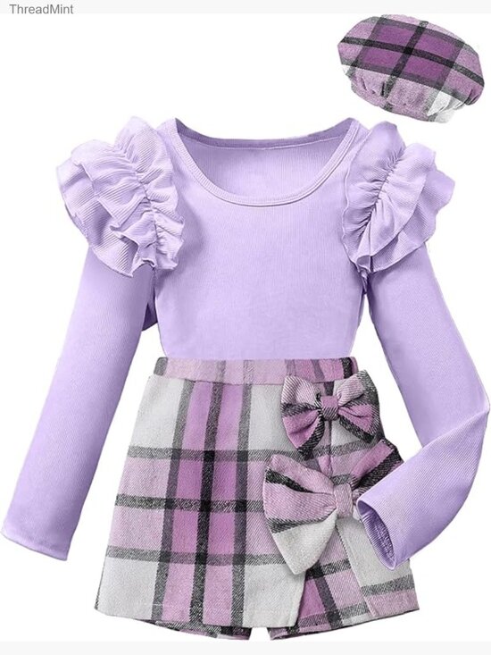 Other - Kids Ruffle Sleeve Top & Plaid Skort Set with Hat 3PCS Size 11-12